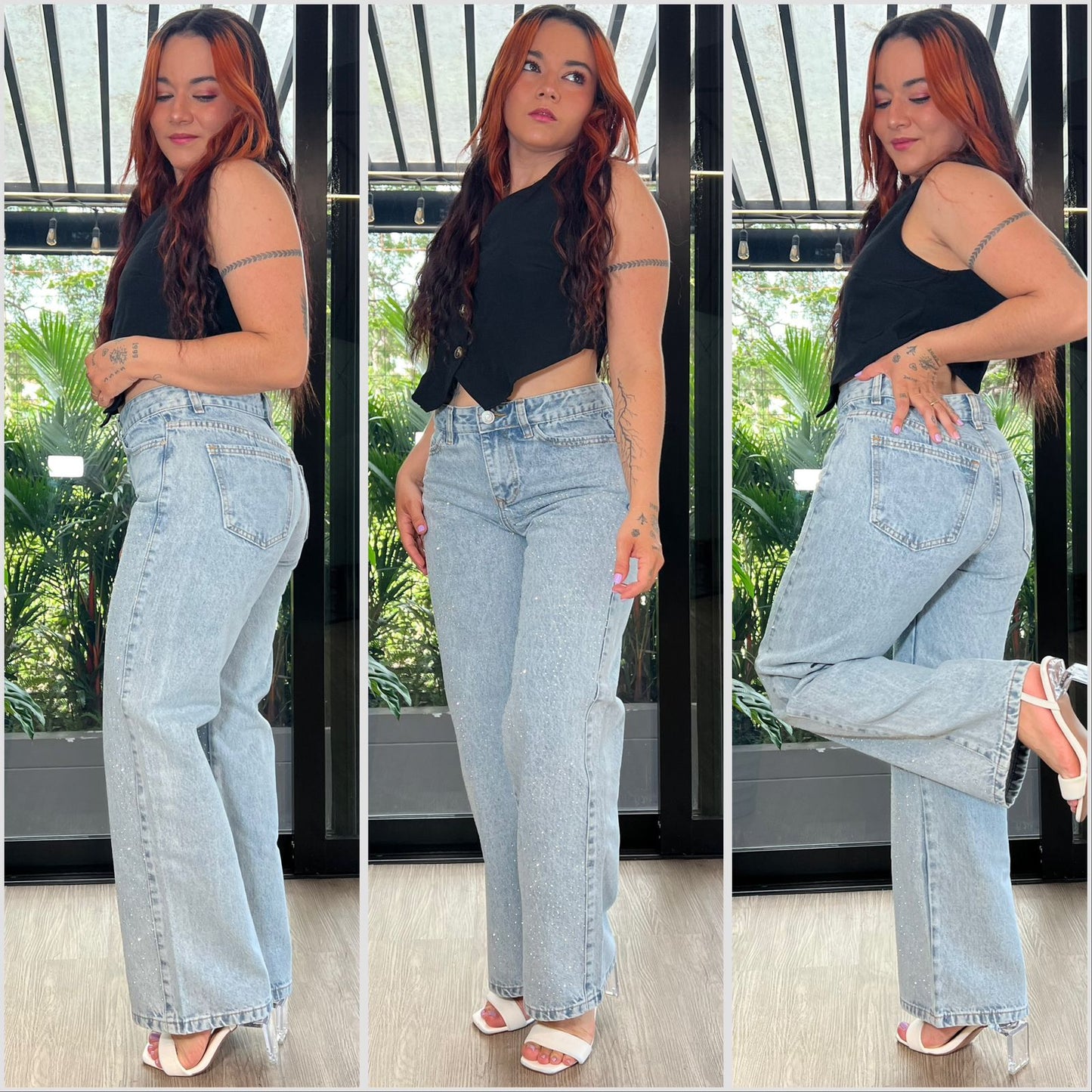 WIDE LEG BOTA RECTA AZUL CLARO BRILLOS