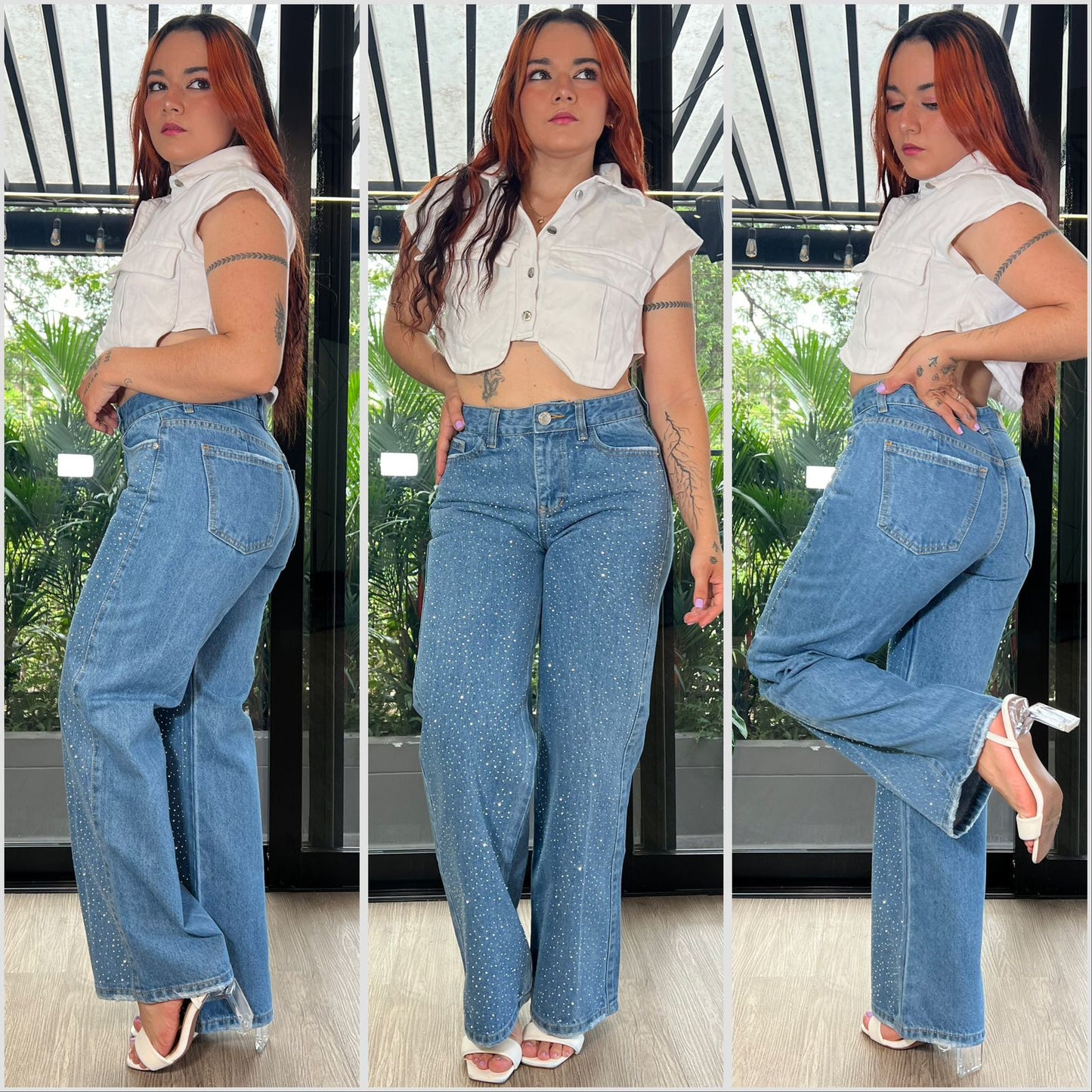 WIDE LEG BOTA RECTA AZUL MEDIO BRILLOS