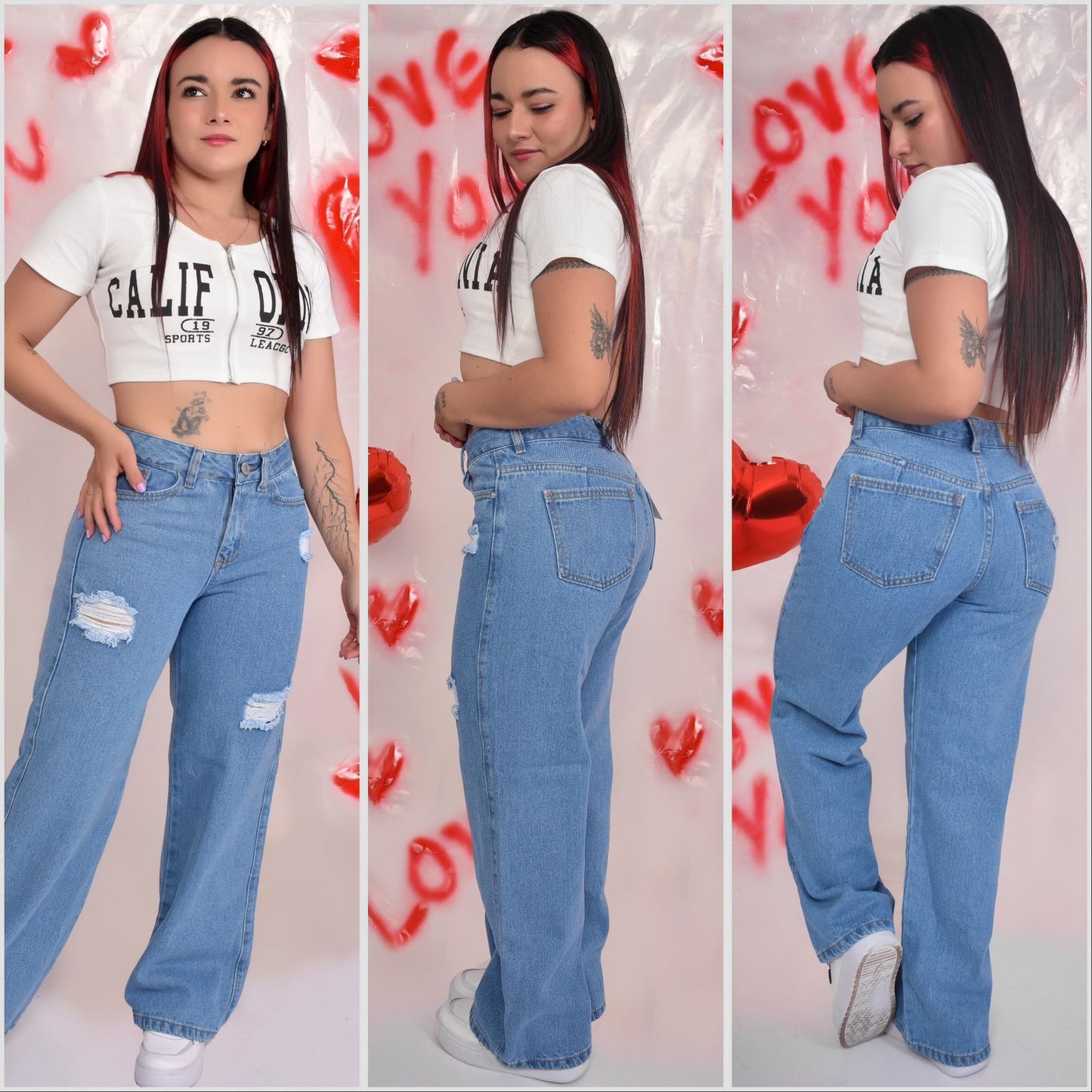 WIDE LEG BOTA RECTA AZUL CLARO CON ROTOS