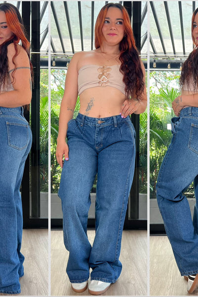 WIDE LEG BOTA RECTA BOLSILLO PADRINO  AZUL CON BIGOTES