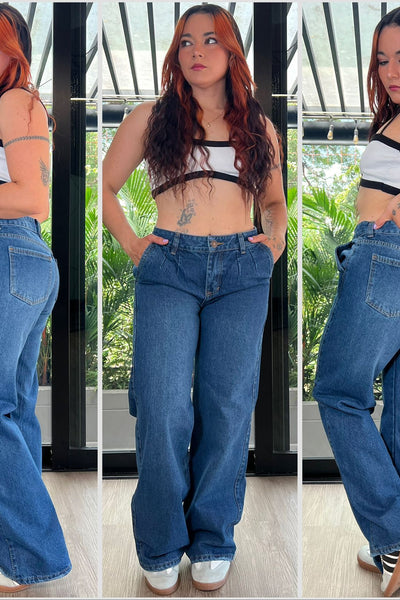 WIDE LEG BOTA RECTA BOLSILLO PADRINO  AZUL CON SAMBLASH