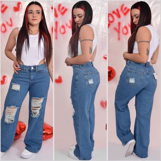 WIDE LEG BOTA RECTA AZUL MEDIO CON ROTOS