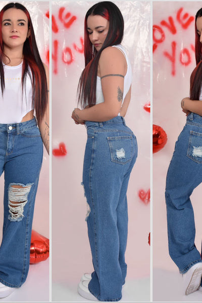 WIDE LEG BOTA RECTA AZUL MEDIO CON ROTOS