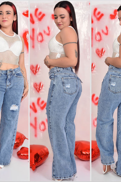 WIDE LEG BOTA RECTA AMERICANO CON ROTOS
